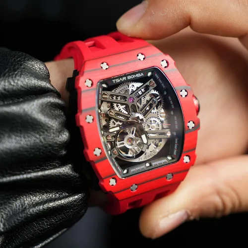 Miniatura 5 de Reloj para hombre, reloj mecánico automático de esqueleto para hombre, 164.0 ft, impermeable, de lujo, Tonneau, cuadrado, esfera grande, con correa
