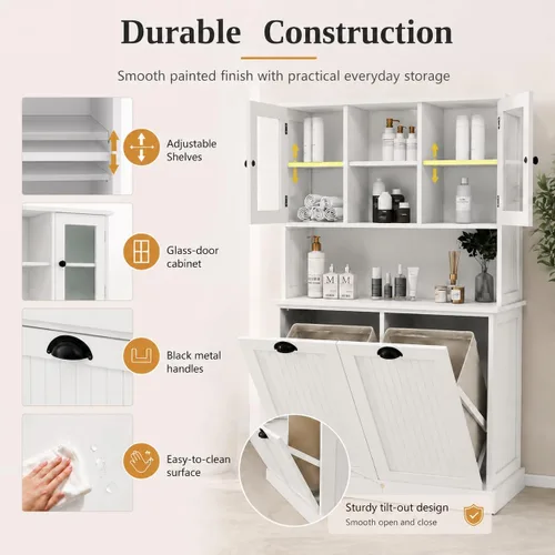 Miniatura 5 de Cesto de Ropa Sucia Alto con Puertas Dobles Abatibles, Gabinetes Grandes de Almacenamiento Extraíbles para Cuarto de Lavado, Gabinete de Baño