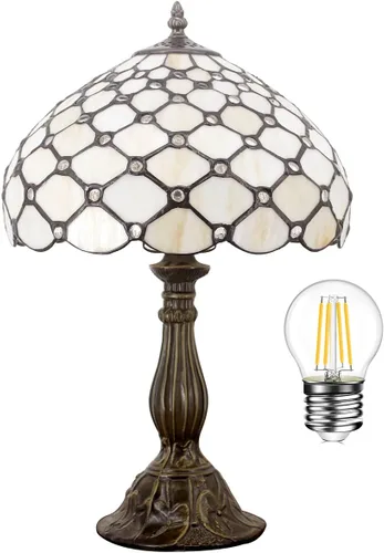 WERFACTORY Tiffany - Lámpara de mesa con cuentas de cristal de color ámbar, lámpara de mesa de escritorio, luz de lectura de 12 x 12 x 18 pulgadas,
