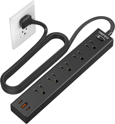Miniatura 10 de HOPOW Regleta de alimentación con enchufe plano, cable de extensión plano ultra delgado de 6 pies, protector contra sobretensiones con 5 salidas y 3