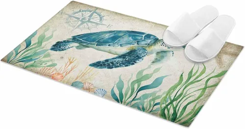 Tapete antideslizante para interiores, absorbente, suave, peludo, de felpa suave, con diseño vintage de tortuga marina y estrellas de mar, lavable y