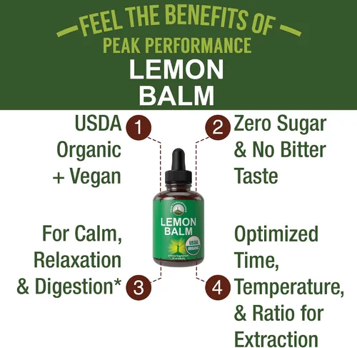 Miniatura 2 de Peak Performance USDA Organic Lemon Balm Tintura – Suplemento líquido de gotas de aceite para relajación, calma, digestión – Extracto de hoja vegano
