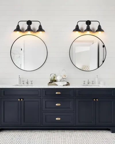 Miniatura 5 de Lámparas de tocador de baño de granja de 25 pulgadas, lámparas de baño de 3 luces sobre espejo, apliques rústicos de pared con pantalla de metal