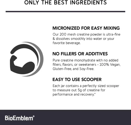 Miniatura 2 de BioEmblem Monohidrato de creatina en polvo, creatina micronizada sin sabor se mezcla fácilmente, fuerza muscular, recuperación de entrenamiento