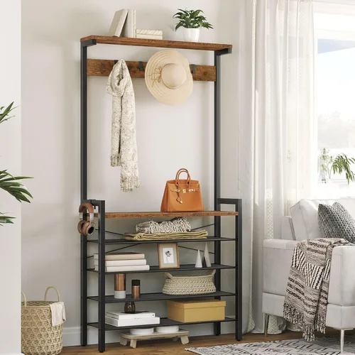 Miniatura 3 de HOOBRO Árbol de pasillo con banco, perchero con almacenamiento de zapatos, zapatero y perchero, almacenamiento de zapatos de entrada de 5 niveles, 5