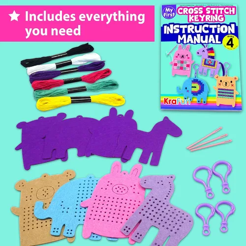 Miniatura 2 de KRAFUN Kits de Punto de Cruz para Niños Principiantes, 4 Llaveros de Punto de Cruz Artes y Manualidades con Animales, Unicornio, Kit de Bordado