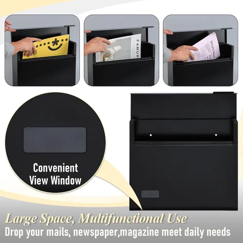 Miniatura 3 de xydled Buzón de correo de montaje en pared para exterior, buzón de metal colgante de acero de gran capacidad, buzón moderno, negro, 14.6 x 12.2 x