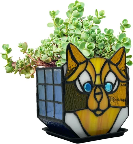 Miniatura 8 de Macetas Tiffany Lindas con Gatos de Vidrio Manchado, Para Plantas de Interior y Exterior, Maceta de Plantas con Gato Negro, Portavelas Contenedor