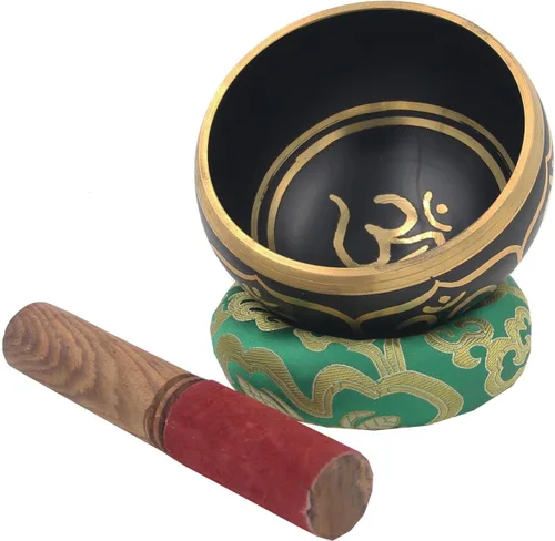 Miniatura 2 de DharmaObjects - cuenco para cantar el Om de la paz, para meditación relajante de yoga. Juego de almohadilla de seda, juego de martillo de Negro
