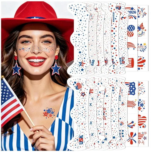 28 Pairs 250th Anniversary Face Makeup Patches, 4th of July Independence Day Eyeliner Stickers Decals American Flag Stars Bowknot Temporary Tattoo