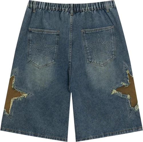 Miniatura 5 de Vamtac Pantalones cortos de mezclilla para hombre, diseño de retazos de estrellas, tiro medio, casual, holgado, para verano, pantalones de mezclilla