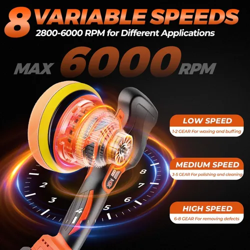 Miniatura 2 de Pulidora para Automóvil, Pulidora de Automóvil de 8 Velocidades Variables 2800-6000RPM Inalámbrica con 2 Baterías de 21V 2000mAh y Kit de Pulido
