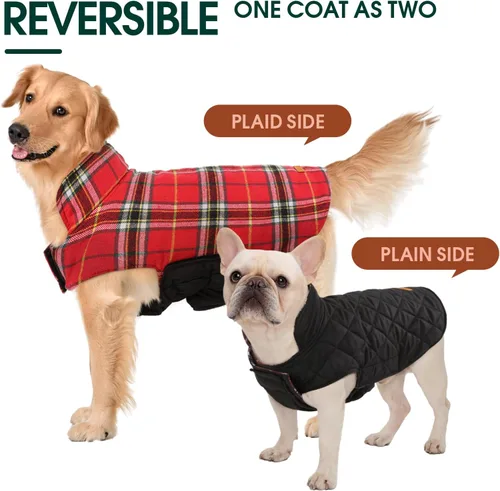 Miniatura 4 de Kuoser - Abrigo impermeable de invierno para perro, chaqueta reversible estilo británico, ropa para perro a cuadros, abrigo acogedor para perros