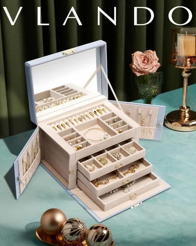 Miniatura 5 de Vlando Caja organizadora de joyas de terciopelo para mujer, caja de almacenamiento grande de joyería de cuero con cerradura, espejo, 3 cajones