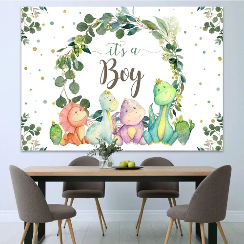 Miniatura 5 de Fondo de 7 x 5 pies con texto en inglés "It's a Boy" para baby shower, dinosaurio, cactus y hojas de eucalipto, fondo para fotografía, suministros