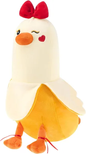 PEACH CAT Peluche de pato de plátano con moño, peluche romántico de 12 pulgadas, almohada de felpa para abrazar, regalo de peluche para novia, Arco