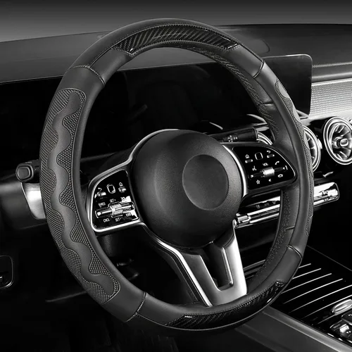 Miniatura 9 de SEG Direct - Funda universal para volante de coche, tamaño estándar de 14 1/2 a 15 pulgadas, cuero con patrón de fibra de carbono, negro y rojo
