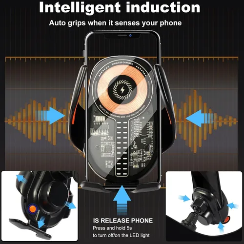 Miniatura 2 de Soporte inalámbrico para teléfono de automóvil de 15 W, sujeción de detección automática de 3 ejes, rotación de 360°, soporte de teléfono de carga