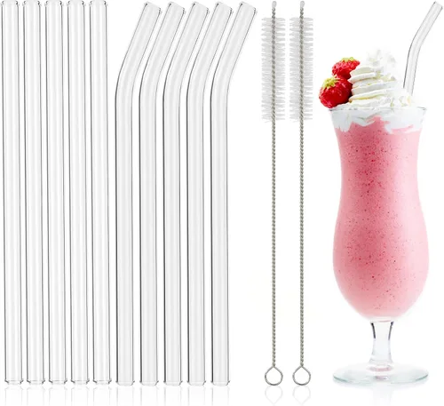 Miniatura 9 de 10 popotes Boba de vidrio reutilizables, 0.354 x 0.551 in de ancho, para té de burbujas, batidos, juego de 5 rectas y 5 dobladas con 2 cepillos