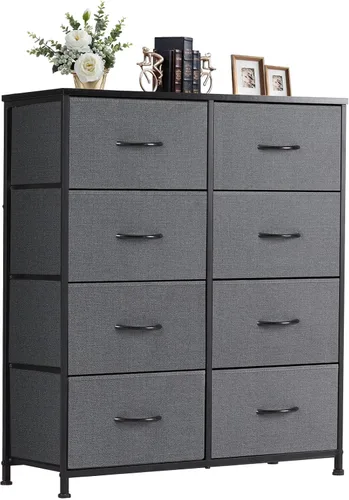 Miniatura 12 de DUMOS Cómoda para dormitorio, organizador de almacenamiento con 9 cajones, cómoda con cubos de tela, marco de metal resistente, mesa de madera