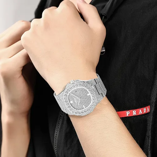 Miniatura 30 de Gosasa Reloj de pulsera unisex de cristal para hombre y mujer, reloj cubano con brillo completo, oblongo de plata/oro, reloj de pulsera de acero