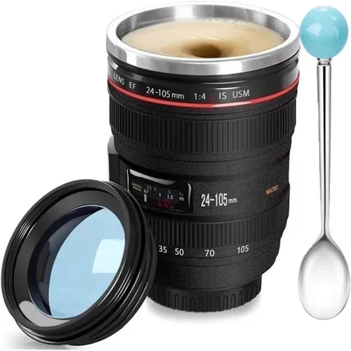 Taza de café con diseño de lente de cámara Chasing Y, taza con forma de lente de cámara, divertidas tazas de café con lente de cámara de acero