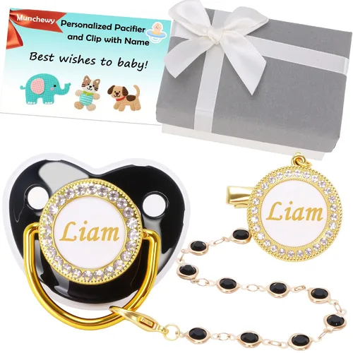 Miniatura 17 de Chupete personalizado con nombre, juego de clip para chupete dorado brillante con caja de regalo, tarjeta de felicitación, lujoso chupete de cristal