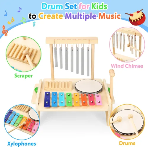 Miniatura 2 de Juego de batería para niños, instrumento musical para bebés, xilófono de madera para niños pequeños con juego de batería para bebé y campanilla
