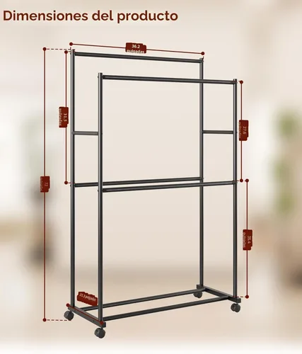 Miniatura 9 de Perchero de ropa de 36.2 x 21.3 x 72 pulgadas, 4 barras de doble barra de metal con ruedas para colgar ropa, perchero portátil con ruedas para Negro