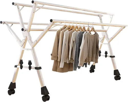 Miniatura 7 de Estante de secado de ropa plegable que ahorra espacio, secadora de ropa de acero inoxidable resistente con ruedas rodantes, marco multicapa