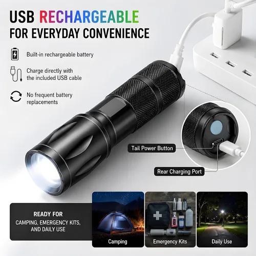 Miniatura 6 de Linterna recargable roja 4 en 1, linterna LED multicolor (blanco/rojo/azul/verde) con 4 modos, linterna con zoom de alto lúmenes para camping
