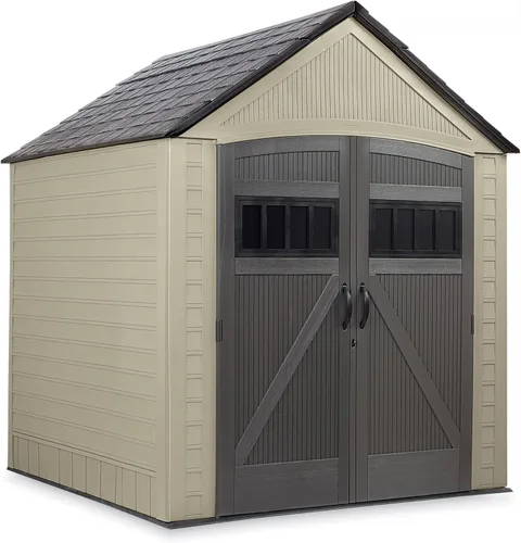 Miniatura 14 de Rubbermaid - Cobertizo grande vertical de resina para exteriores con piso (6.2 x 4.6 pies), resistente a la intemperie, beige/marrón, para organizar