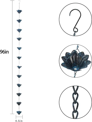 Miniatura 8 de Topadorn Cadena de lluvia decorativa de 8.5 pies, cadena colector de lluvia de 102 pulgadas para aleros de casa, jardín y hogar, diseño de copas