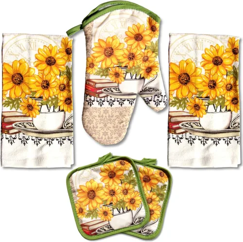 Miniatura 15 de Juego de toallas de cocina Café Latte de 5 piezas – Guante acolchado para horno y 2 agarraderas, perfecto para los amantes del café