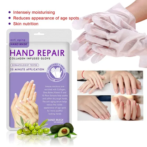 Miniatura 2 de 4 paquetes de guantes hidratantes para manos, máscara de spa para manos con colágeno, suero + vitaminas + extractos naturales de plantas para manos