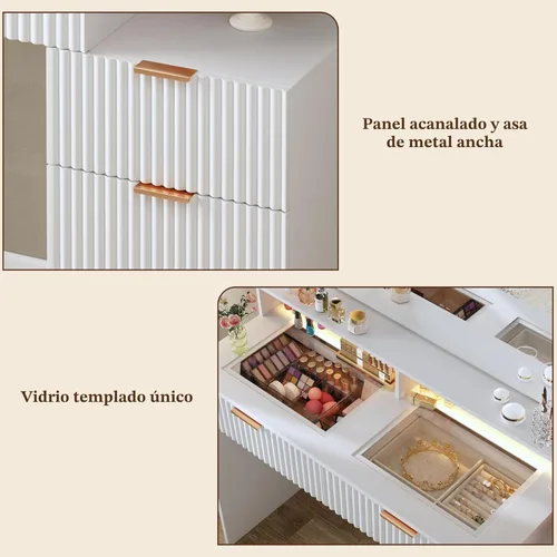 Miniatura 4 de HUAHUU Escritorio de tocador acanalado con espejo y luces, escritorio de maquillaje con parte superior de cristal, mesita de noche y diseño de panel