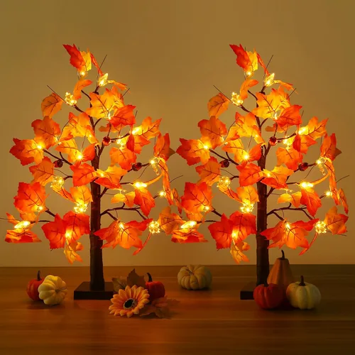 Joyhalo Paquete de 2 Árboles de Otoño de 23.5 Pulgadas con Luces, Temporizador a Pilas, Árbol Iluminado de Otoño para Acción de Gracias,
