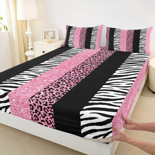 Miniatura 9 de Sábana bajera ajustable para niños, tamaño individual, diseño de cebra y leopardo con purpurina, decoración de habitación para niñas y mujeres, A1