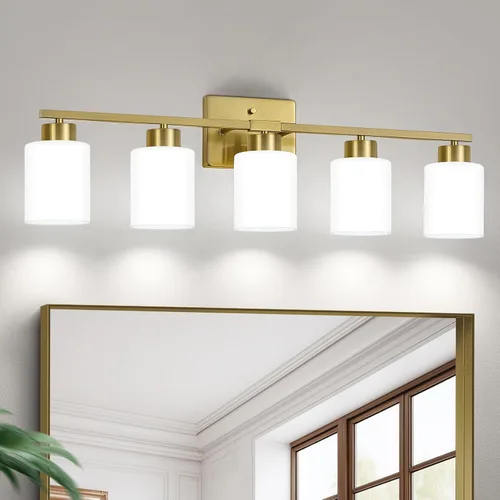 Miniatura 21 de FonmYim Lámpara de baño negra, lámpara de tocador moderna de 3 luces sobre espejo, apliques de pared con pantallas de vidrio esmerilado blanco