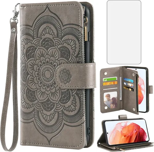 Asuwish Funda tipo cartera compatible con Samsung Galaxy S22 5G y protector de pantalla de vidrio templado, soporte de tarjeta de cuero con diseño
