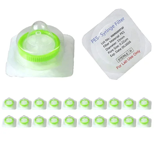 Filtro de jeringa, Estéril, Membrana PES 0.22um Tamaño de poro, 1.299 in Diámetro de membrana, Empaquetado individualmente, 20/pk por Labfil