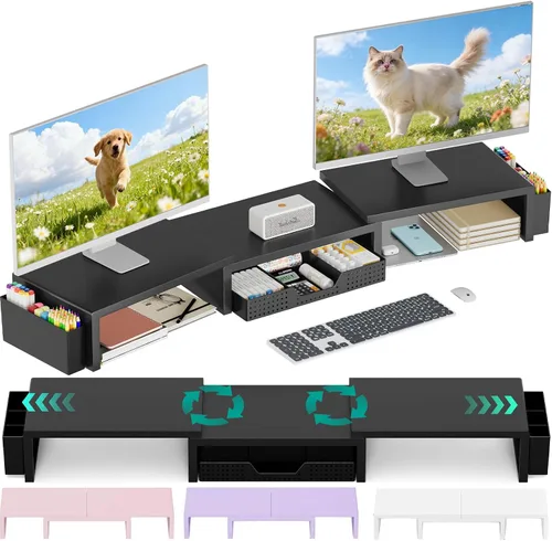 OPNICE Soporte elevador de monitor doble con cajón y 2 soportes para bolígrafos, organizador de escritorio para suministros de oficina, soporte de
