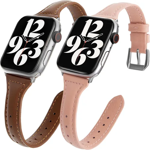 Miniatura 10 de 2 paquetes de correas delgadas de cuero genuino compatibles con Apple Watch de 38mm 40mm 41mm 42mm 44mm 45mm 49mm, correas delgadas de cuero de capa