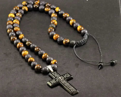 Miniatura 5 de Cross Necklace & Natural Tiger Eye Black Lava Gemstone Protection Beaded Long Macrame Adjustable Necklace Gift For Men's Christmas Gift