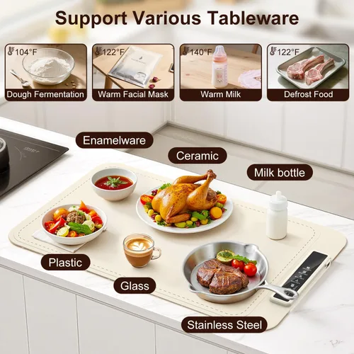 Miniatura 6 de Tapete de calentamiento para alimentos – Bandeja de calentamiento eléctrica con 4 ajustes de temperatura y temporizador, alfombrilla portátil