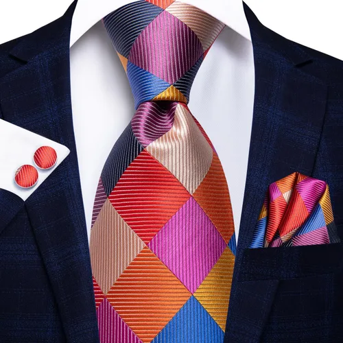Miniatura 78 de Hi-Tie Corbata clásica de cachemira para hombre con pañuelo y gemelos a cuadros