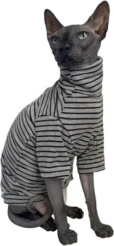 Miniatura 12 de Camisa de algodón con cuello redondo para gatos sin pelo Sphynx de rayas vintage, ropa para mascotas con mangas, camisetas para gatitos para Sphynx
