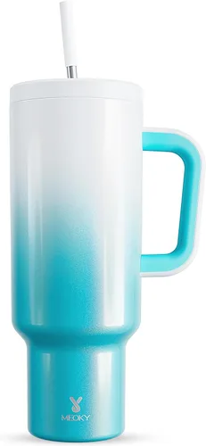 Miniatura 54 de Meoky - Vaso de 30 oz con asa, tapa y pajilla, taza de viaje térmica de acero inoxidable 100% a prueba de fugas, para portavasos, mantiene el frío