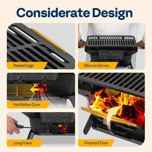 Miniatura 6 de VIVOHOME Parrilla de carbón rectangular de hierro fundido con rejilla de doble cara, parrilla de barbacoa portátil al aire libre, estufa de mesa