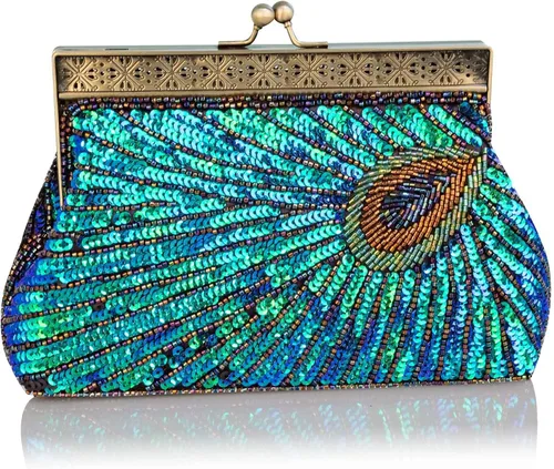 Bolso de noche grande con cuentas y lentejuelas, estilo vintage, bolso de mano para fiesta de boda, bolso de mano para mujer (azul pavo real), Azul